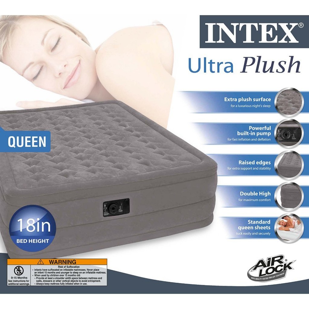 Intex Ultra Plush Airbed with Built-in Electric Pump, Queen, Bed Height 18